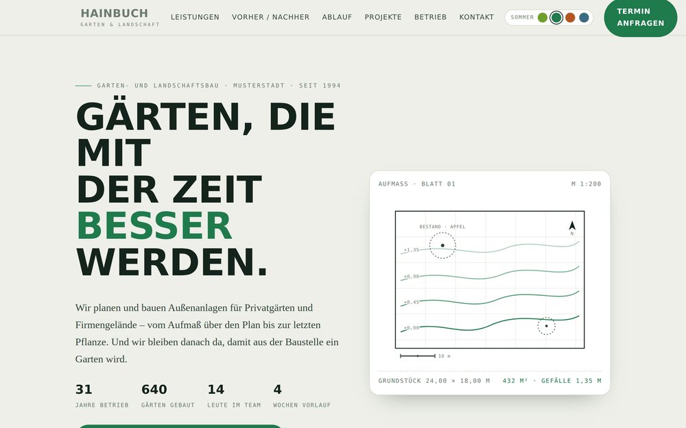 Startseite des Garten-Pakets: Gartenbaubetrieb mit maßstäblichem Gartenplan.