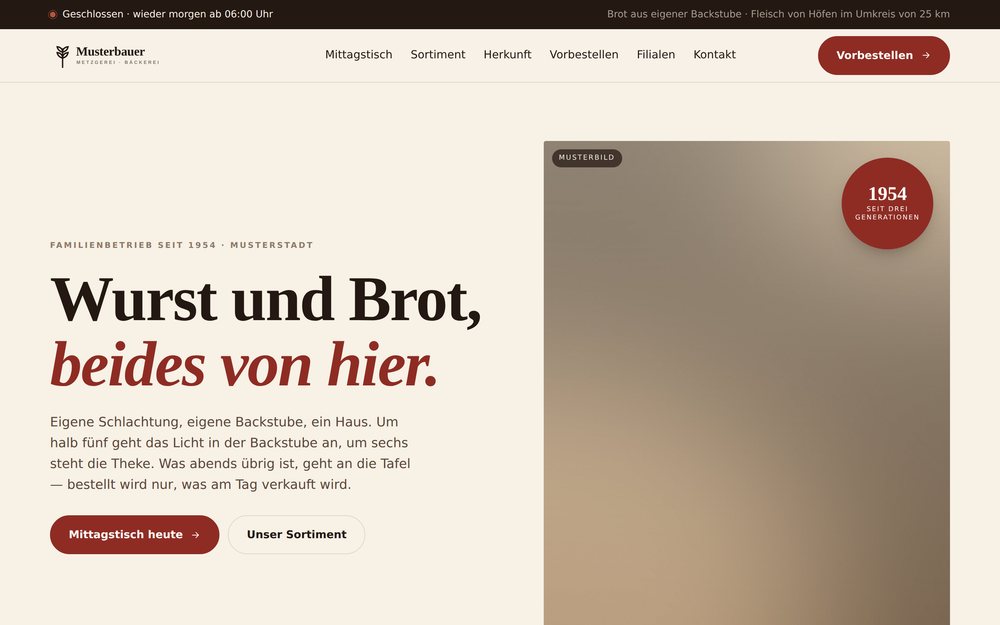 Startseite des Laden-Pakets: Metzgerei mit Statusband und Öffnungszeiten.